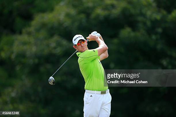 Greg Owen of England hits a drive during the second round of the Chiquita Classic held at River Run Country Club on September 5, 2014 in Davidson,...