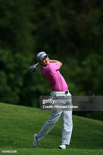 Sebastian Cappelen of Denmark hits a drive during the second round of the Chiquita Classic held at River Run Country Club on September 5, 2014 in...