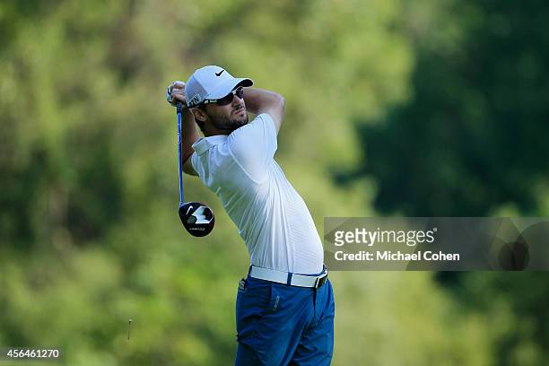 Kyle Stanley hits a drive during the second round of the Chiquita Classic held at River Run Country Club on September 5, 2014 in Davidson, North...