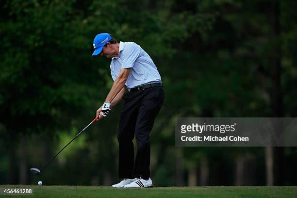 Hudson Swafford hits a drive during the second round of the Chiquita Classic held at River Run Country Club on September 5, 2014 in Davidson, North...