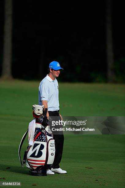 Hudson Swafford stands by his golf bag in the fairway during the second round of the Chiquita Classic held at River Run Country Club on September 5,...