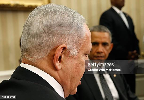 President Barack Obama meets with Israeli Prime Minister Benjamin Netanyahu in the Oval Office of the White House October 1, 2014 in Washington, DC....