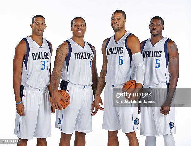 Brandan Wright, Greg Smith, Tyson Chandler and Bernard James of the Dallas Mavericks of the Dallas Mavericks pose for a photo during the Dallas...