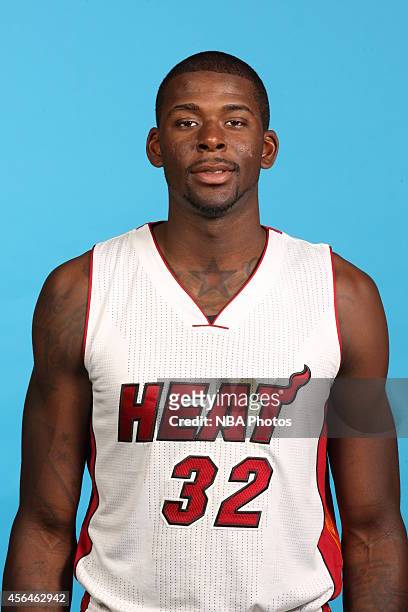 James Ennis of the Miami Heat poses for a photo during Media Day at the America Airlines Arena in Miami, Florida. NOTE TO USER: User expressly...