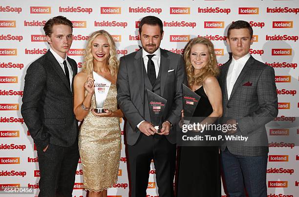 Sam Strike, Maddy Hill, Danny Dyer, Kellie Bright and Danny Boy Hatchard with their awards as they attend the Inside Soap Awards at Dstrkt on October...