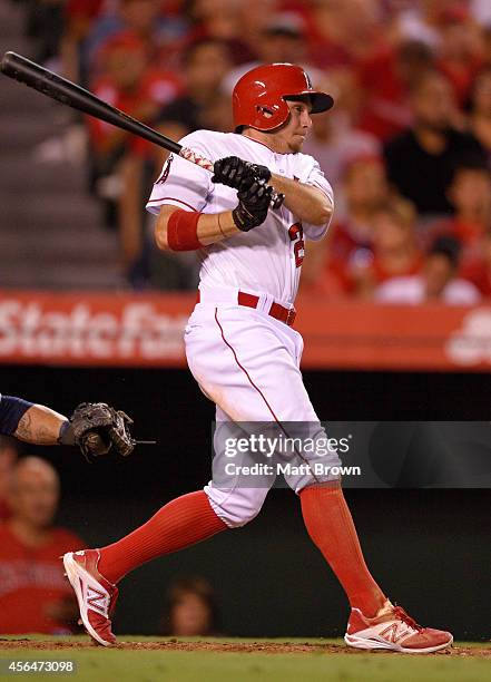 Tony Campana of the Los Angeles Angels of Anaheim at bat during the game against the Seattle Mariners on September 15, 2014 at Angel Stadium of...