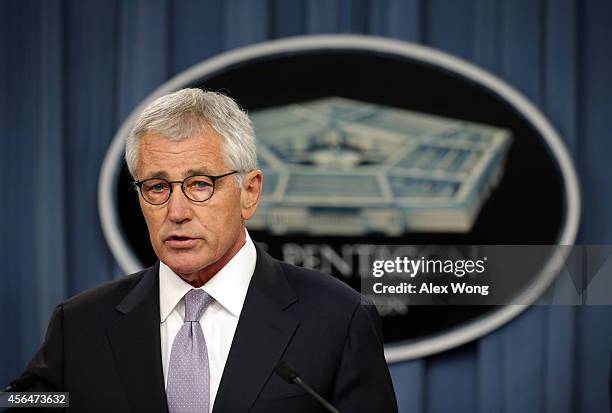 Secretary of Defense Chuck Hagel speaks during a press briefing October 1, 2014 at the Pentagon in Arlington, Virginia. The briefing was to discuss...