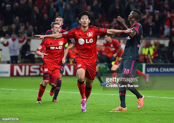 Son Heung-Min of Bayer Leverkusen celebrates scoring their second goal during the UEFA Champions League Group C match between Bayer 04 Leverkusen and...