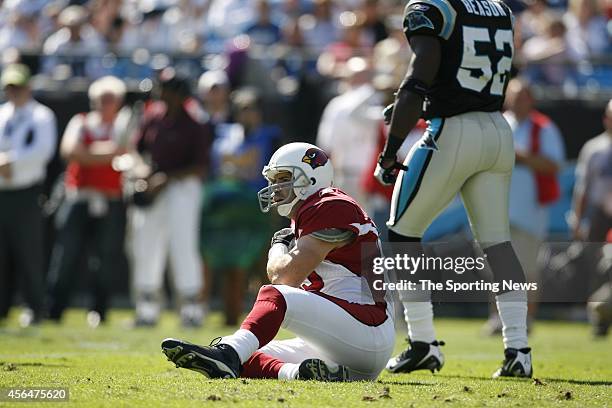 Jon Beason of the Carolina Panthers standing on the field during a game against the Arizona Cardinals on October 26, 2008 at Bank of America Stadium...