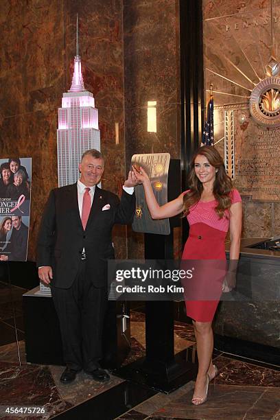 William P. Lauder and Elizabeth Hurley light the Empire State Building pink to honor the 22nd Anniversary of The Estee Lauder Companies' Breast...