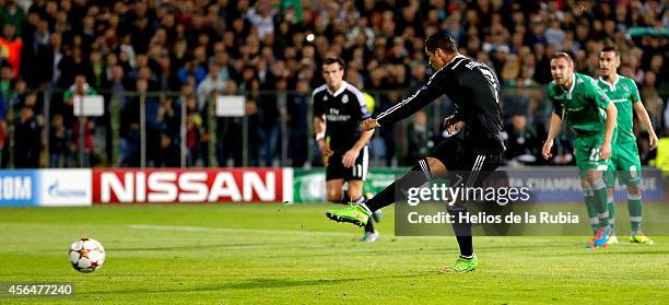 Cristiano Ronaldo of Real Madrid scores from the penalty spot during the UEFA Champions League group B match between PFC Ludogorets Razgrad and Real...