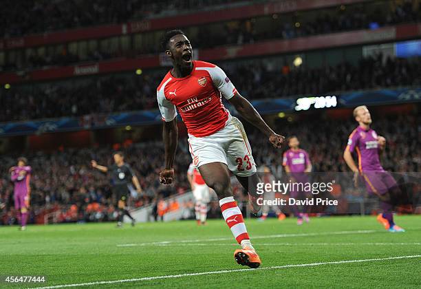 Danny Welbeck celebrates scoring Arsenal's 4th goal and his 3rd during the UEFA Champions League group match between Arsenal and Galatasaray on...