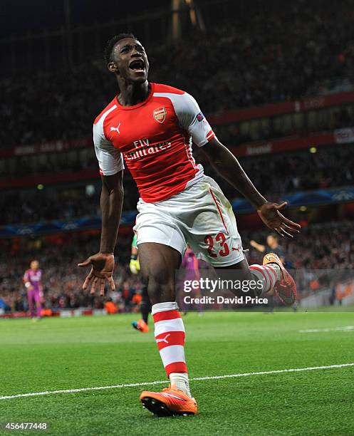 Danny Welbeck celebrates scoring Arsenal's 4th goal and his 3rd during the UEFA Champions League group match between Arsenal and Galatasaray on...