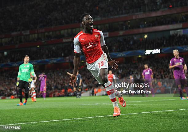 Danny Welbeck celebrates scoring Arsenal's 4th goal and his 3rd during the UEFA Champions League group match between Arsenal and Galatasaray on...