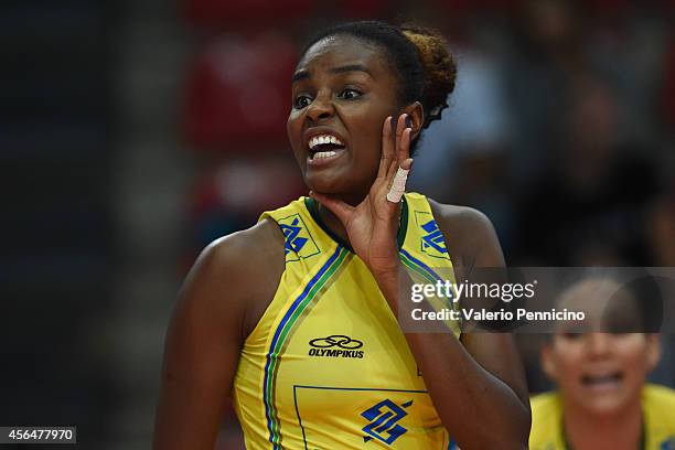 Fabiana Claudino of Brazil reacts during the FIVB Women's World Championship pool F match between Brazil and Kazakhstan on October 1, 2014 in Verona,...