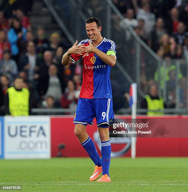 Marco Streller of FC Basel 1893 celebrates after scoing during the UEFA Champions League match between FC Basel 1893 and Liverpool FC on October 1,...