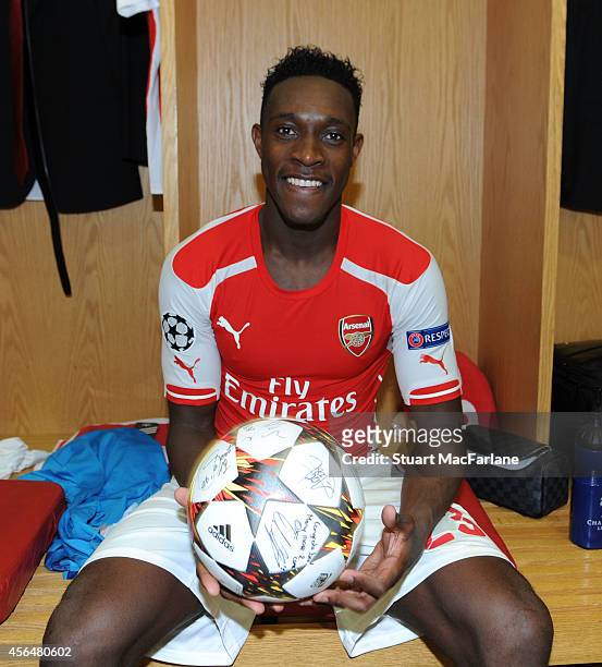 Arsenal's Danny Welbeck with the matchball after his hat-trick in the Champions League match between Arsenal and Galatasaray at Emirates Stadium on...