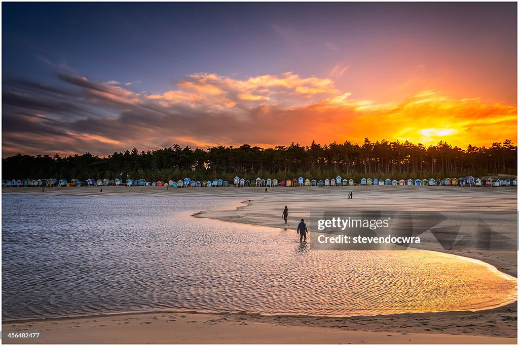 Sun setting over beach huts at Wells