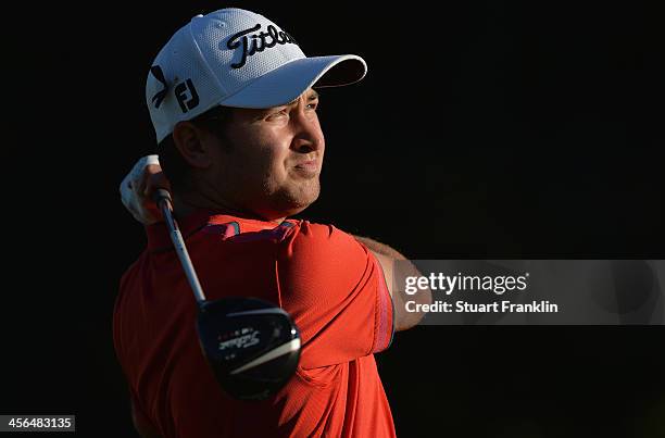 Daniel Brooks of England plays a shot during the weather delayed second round of the Nelson Mandela Championship at Mount Edgecombe Country Club on...