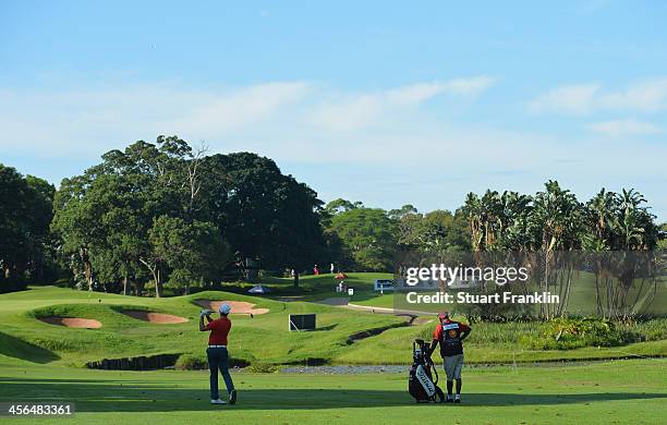 Daniel Brooks of England plays a shot during the weather delayed second round of the Nelson Mandela Championship at Mount Edgecombe Country Club on...