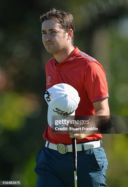 Daniel Brooks of England celebrates during the weather delayed second round of the Nelson Mandela Championship at Mount Edgecombe Country Club on...