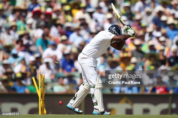 Michael Carberry of England is bowled by Ryan Harris of Australia during day two of the Third Ashes Test Match between Australia and England at the...