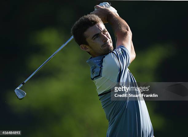Gary Stal of France plays a shot during the weather delayed second round of the Nelson Mandela Championship at Mount Edgecombe Country Club on...