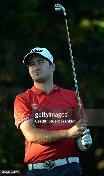 Daniel Brooks of England plays a shot during the weather delayed second round of the Nelson Mandela Championship at Mount Edgecombe Country Club on...