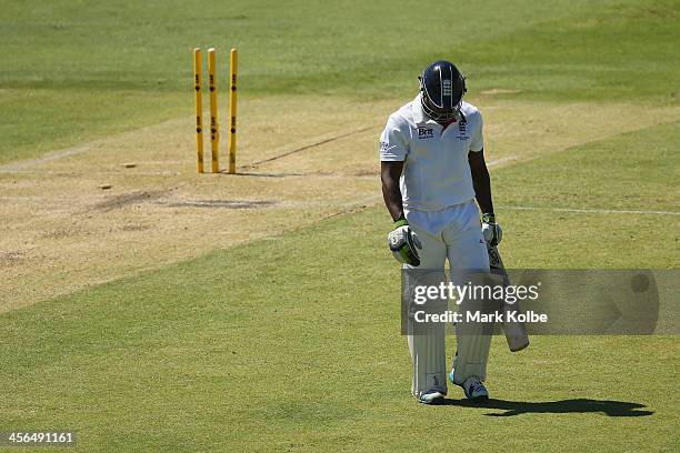 Michael Carberry of England leaves the field after being dismissed during day two of the Third Ashes Test Match between Australia and England at WACA...