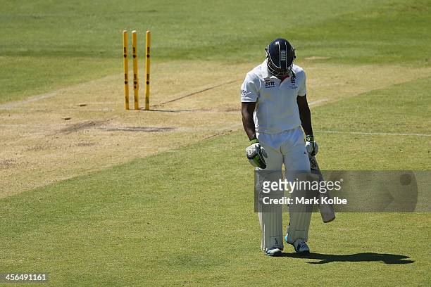 Michael Carberry of England leaves the field after being dismissed during day two of the Third Ashes Test Match between Australia and England at WACA...