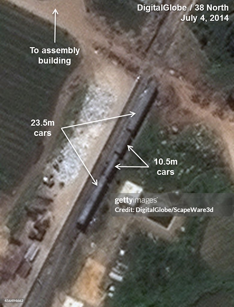 Figure 9-A.  DigitalGlobe Imagery showing unusually large rail cars.   Date: July 4th, 2014.  Analysis published on 38 North.