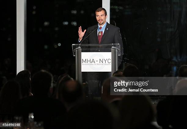Congressional Medal of Honor Recipient and Honoree Sal Giunta speaks during the 2014 "Working for Wellness And Beyond" Gala at Mandarin Oriental...