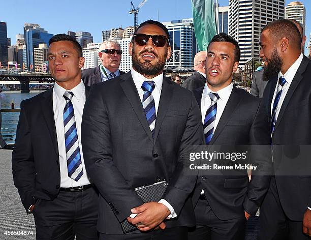 Sam Perrett, Reni Maitua and Corey Thompson arrive at the 2014 NRL Grand Final lunch at The Star on October 2, 2014 in Sydney, Australia.