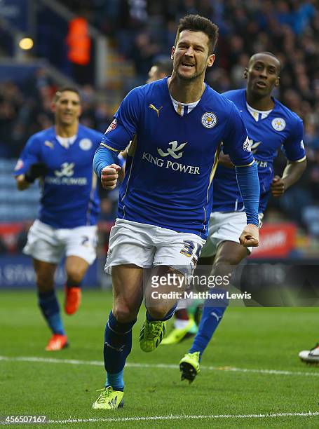 David Nugent of Leicester celebrates scoring from the penalty spot during the Sky Bet Championship match between Leicester City and Burnley at The...