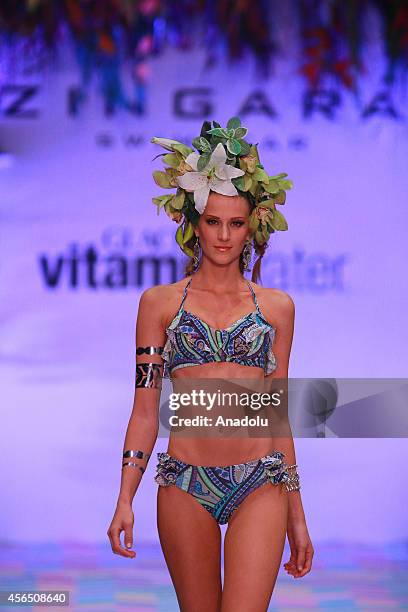 Model displays a creation during Zingara show at the Mercedes-Benz Fashion Week Mexico Spring/Summer 2015, in Mexico City, Mexico, on October 01,...