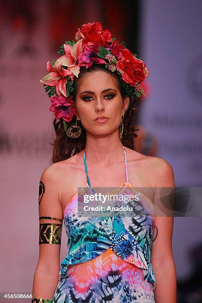Model displays a creation during Zingara show at the Mercedes-Benz Fashion Week Mexico Spring/Summer 2015, in Mexico City, Mexico, on October 01,...