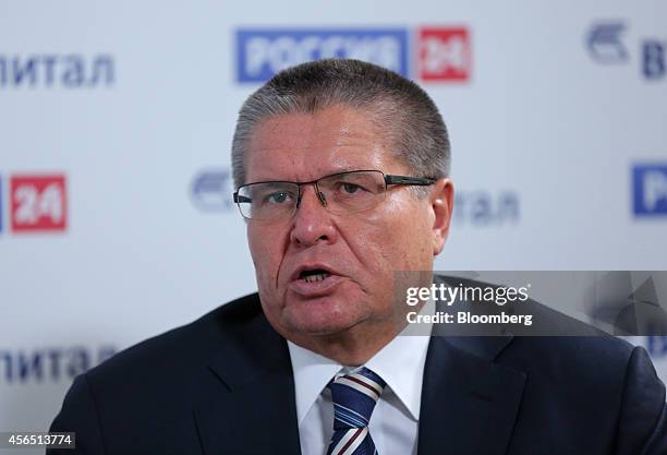 Alexey Ulyukaev, Russia's economy minister, speaks during the VTB Capital Investment Forum "Russia Calling" in Moscow, Russia, on Thursday, Oct. 2,...