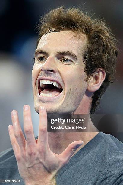 Andy Murray of Great Britain reacts during his match against Pablo Cuevas of Uruguay during day six of of the China Open at the National Tennis...