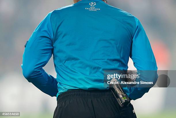 Referee Paolo Tagliavento and his bottle of vanishing spray during the UEFA Champions League Group D match between RSC Anderlecht and Borussia...