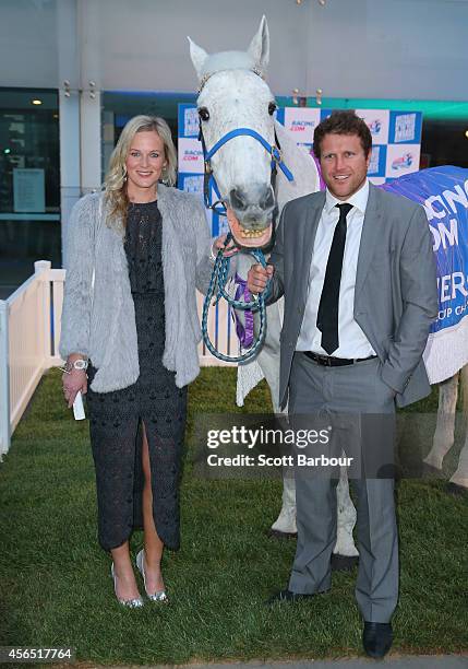 Campbell Brown and his wife Jess Brown pose with Subzero, the 1992 Melbourne Cup Champion as they attend the Melbourne Spring Racing Carnival Launch...