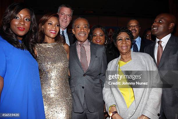 Dominique Sharpton, Aisha McShaw, NYC Mayor Bill de Blasio, Reverend Al Sharpton, Ashley Sharpton, and Aretha Franklin celebrate Al Sharpton's 60th...