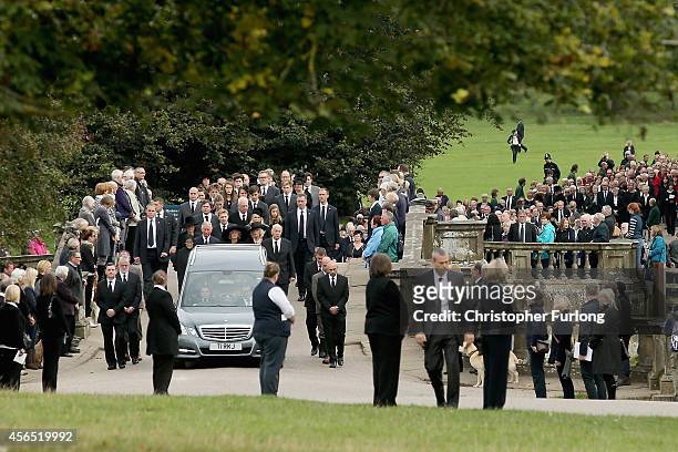Prince Charles, Prince of Wales and Camilla, The Duchess of Cornwall and the Duke of Devonshire follow the funeral cortege of Deborah, Dowager...