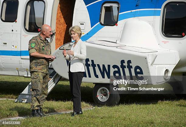 German Defence Minister Ursula von der Leyen leaves after visiting peshmerga fighters on October 02, 2014 in Hammelburg, Germany. A total of 32...