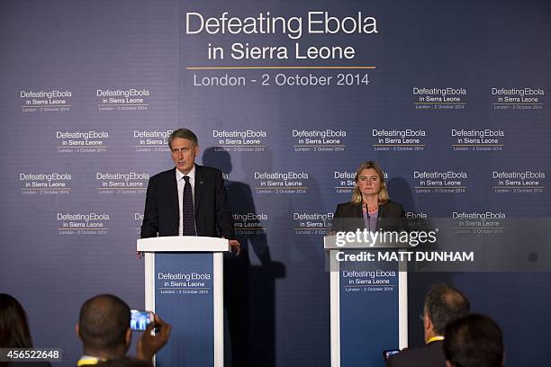 British Foreign Secretary Philip Hammond and British Secretary of State for International Development, Justine Greening address delegates at the...