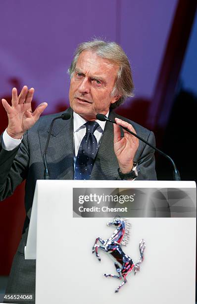 Luca Cordero di Montezemolo, outgoing chairman of Ferrari SpA delivers a speech as he presents the Ferrari 458 Speciale A during the press day of the...