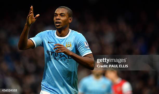 Manchester City's Brazilian midfielder Fernandinho celebrates scoring his second goal during the English Premier League football match between...