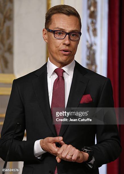 French President Francois Hollande meets Alexander Stubb, Prime Minister of Finland at the Elysee Palace on October 2, 2014 in Paris, France.