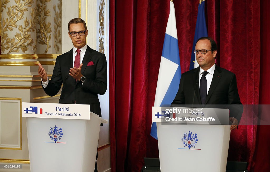 French President Francois Hollande Meets Alexander Stubb, Prime Minister of Finland At L'Elysee Palace
