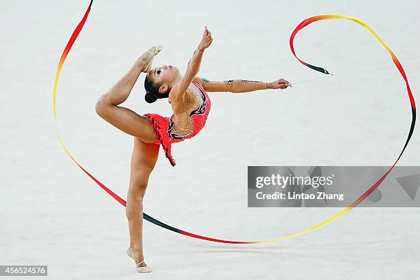 Assymova Aliya of Kazakhstan competes in the Gymnastics Rhythmic Individual All-Around Final during day thirteen of the 2014 Asian Games at at...