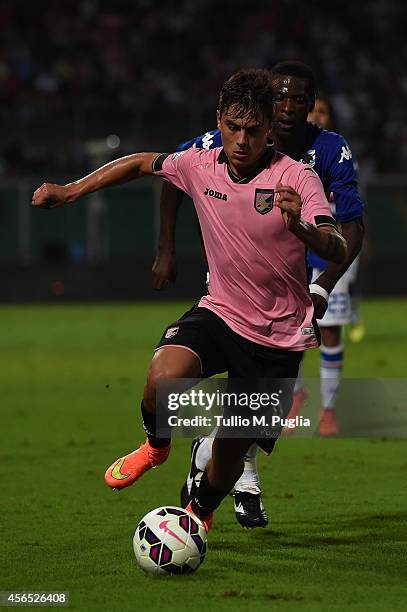 Paulo Dybala of Palermo in action during the Serie A match between US Citta di Palermo and UC Sampdoria at Stadio Renzo Barbera on August 31, 2014 in...